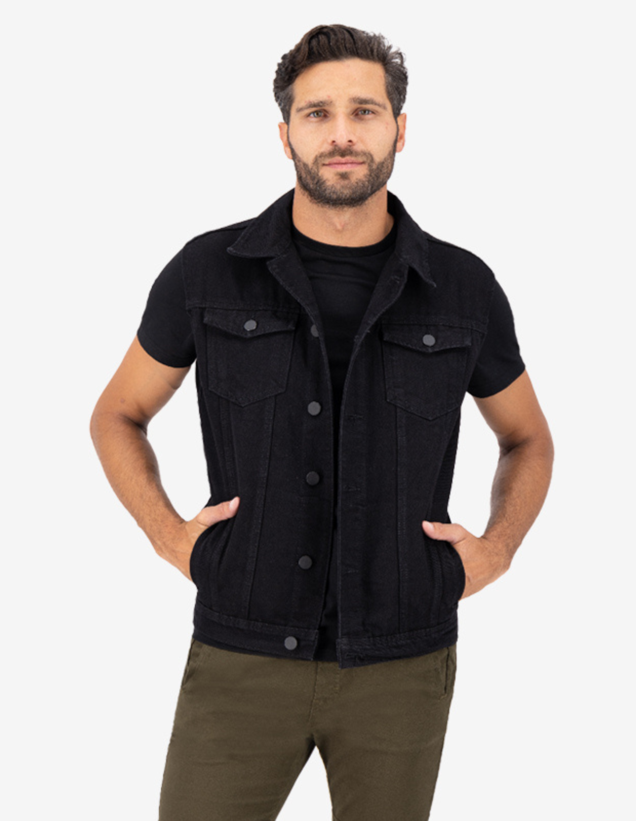 Jeans Camisa Azul Con Chaleco Negro Chaleco Punto Hombre Con
