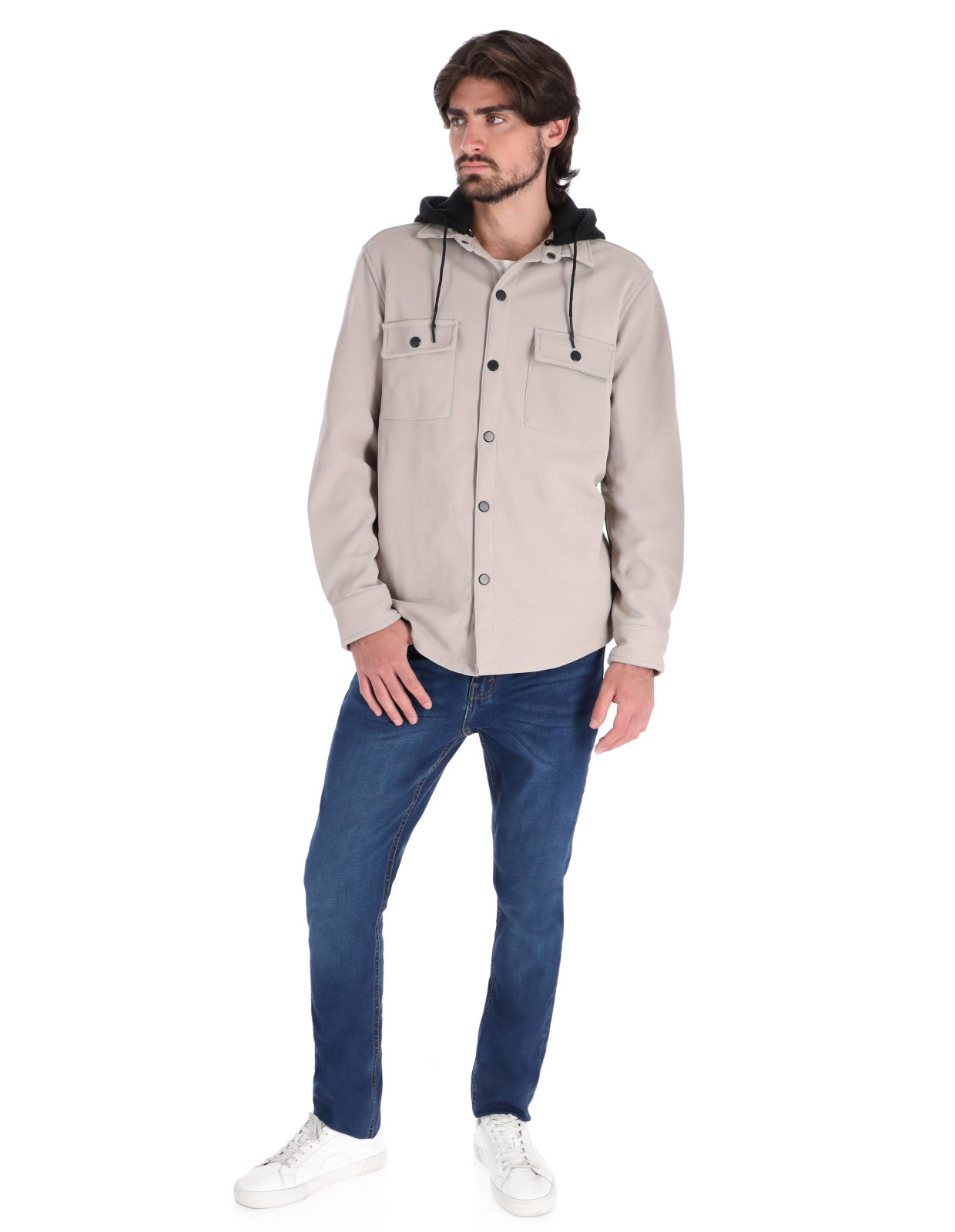 Chamarra Casual Tipo Sobrecamisa con Capucha - Beige