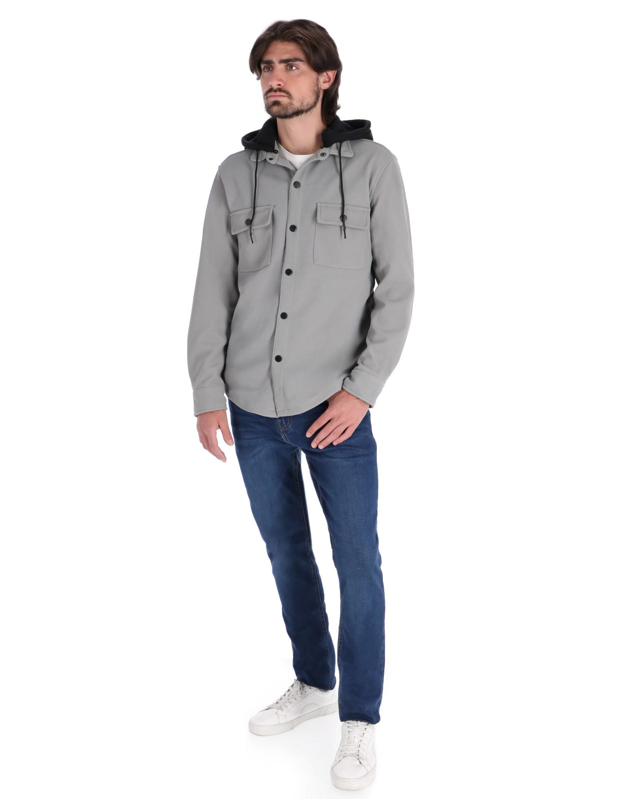 Chamarra Casual Tipo Sobrecamisa con Capucha - Gris