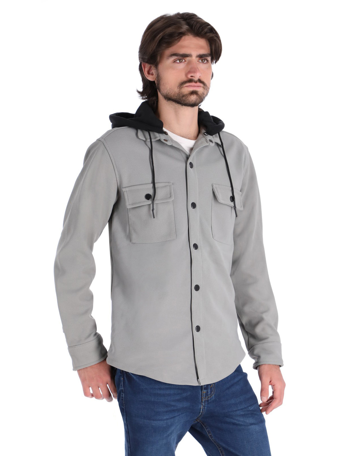 Chamarra Casual Tipo Sobrecamisa con Capucha - Gris