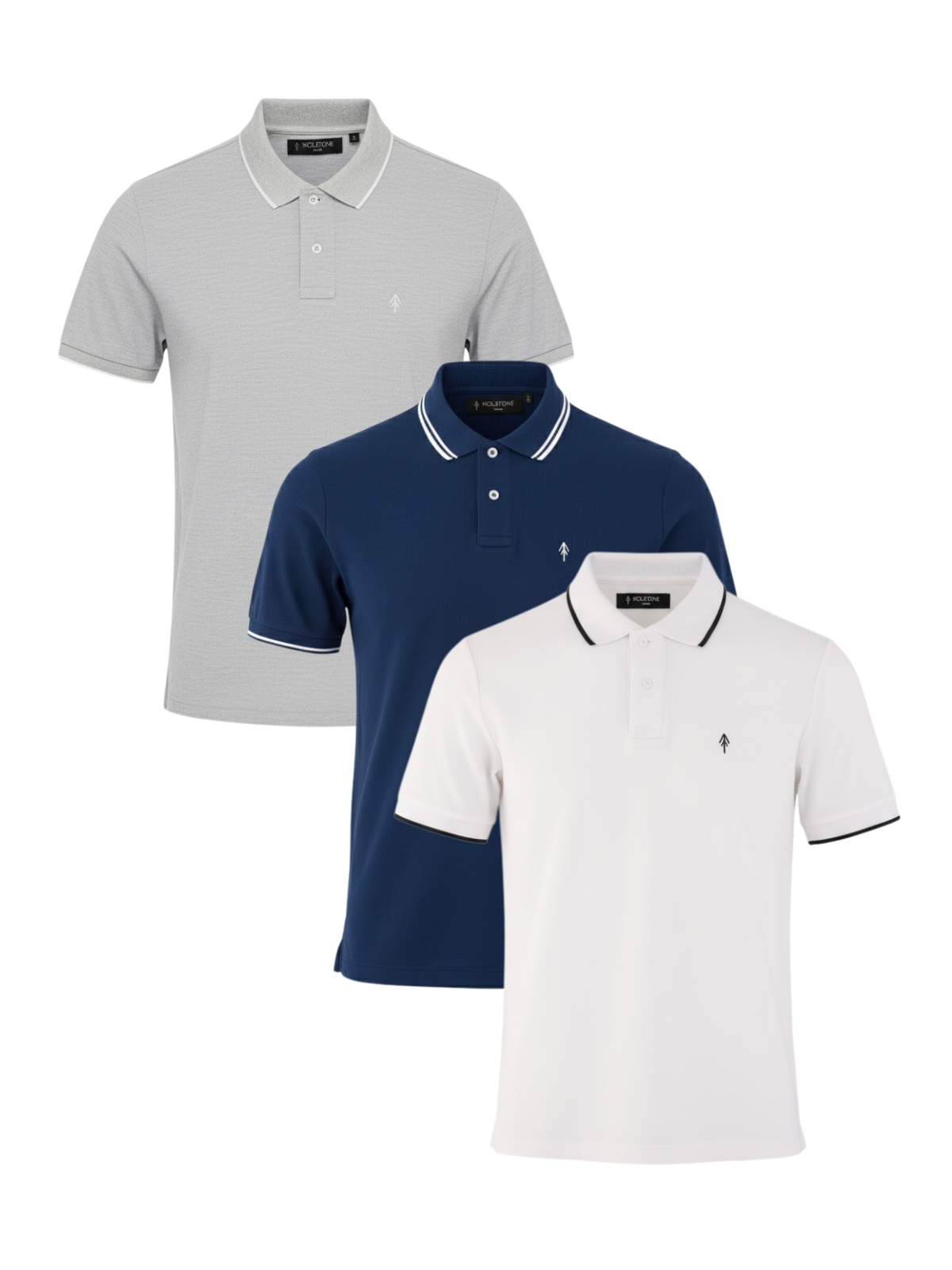 3 Pack Playeras Tipo Polo Holstone - (Blanco - Azul Náutica - Gris Jaspe)