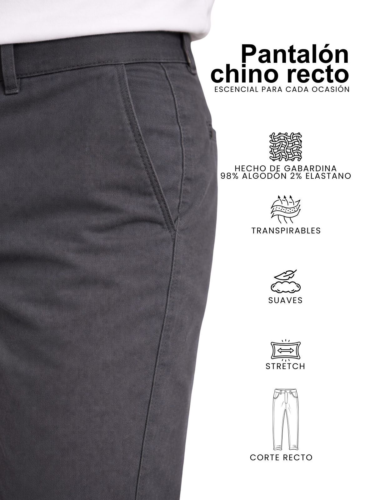 Pantalón Chino de Gabardina Recto - Gris Oxford