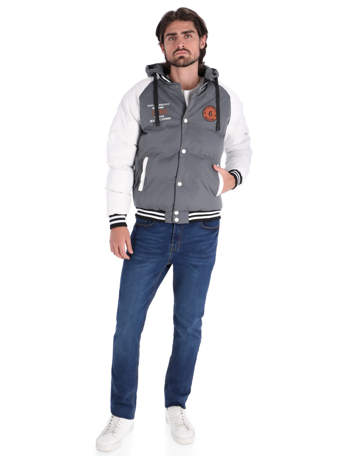 Chamarra Tipo Universitaria para Hombre con Cierre de Broches - Gris