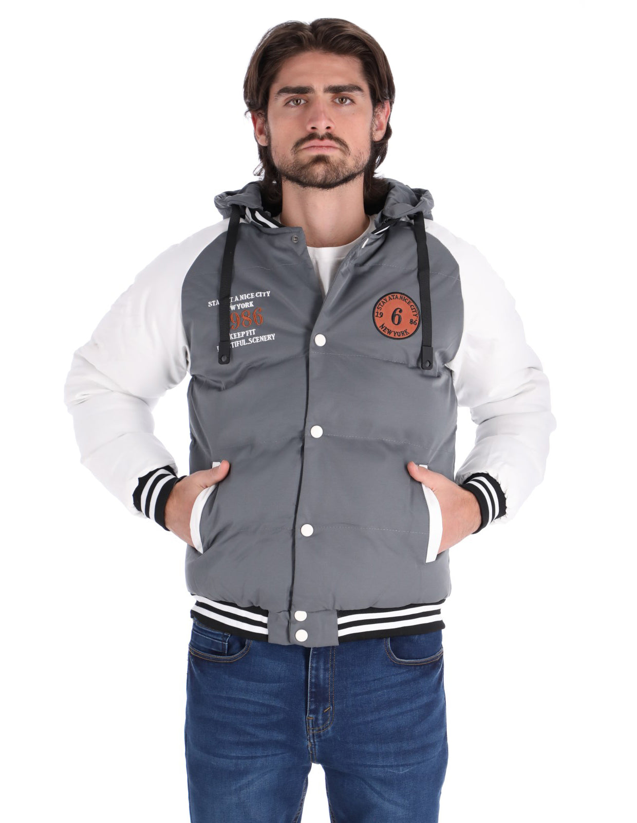 Chamarra Tipo Universitaria para Hombre con Cierre de Broches - Gris