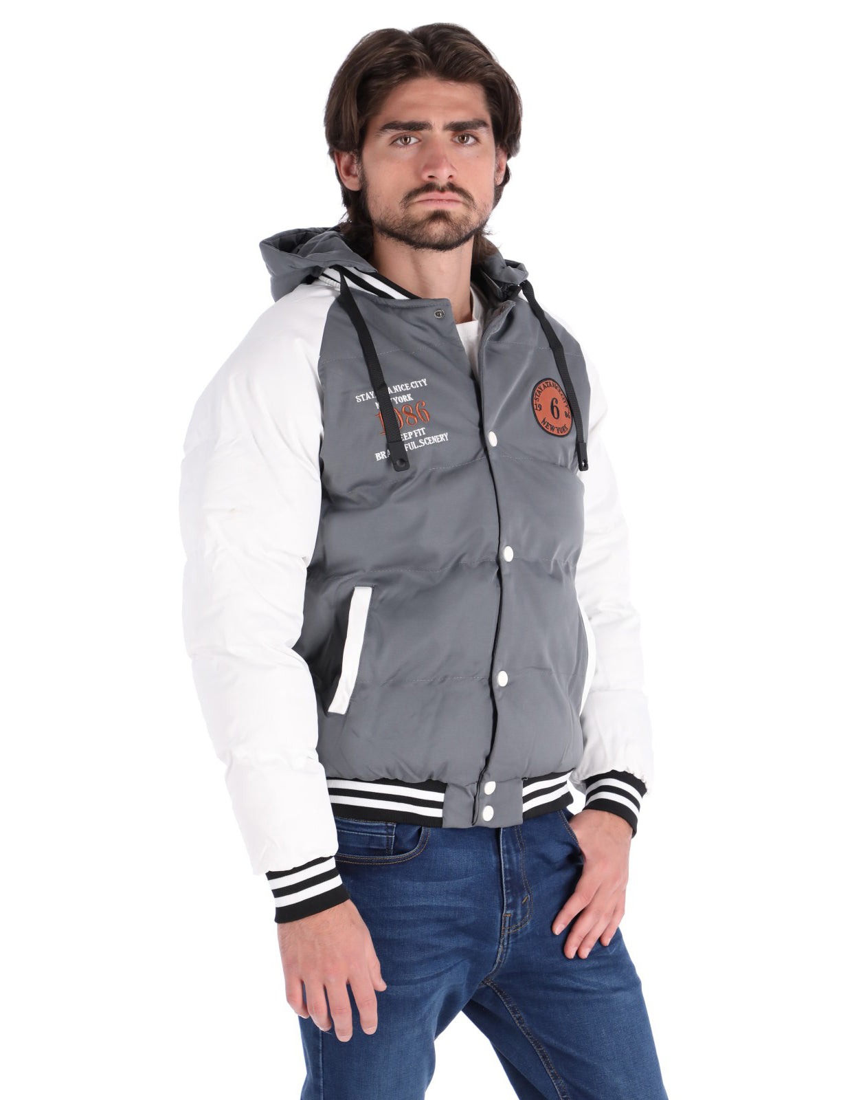 Chamarra Tipo Universitaria para Hombre con Cierre de Broches - Gris