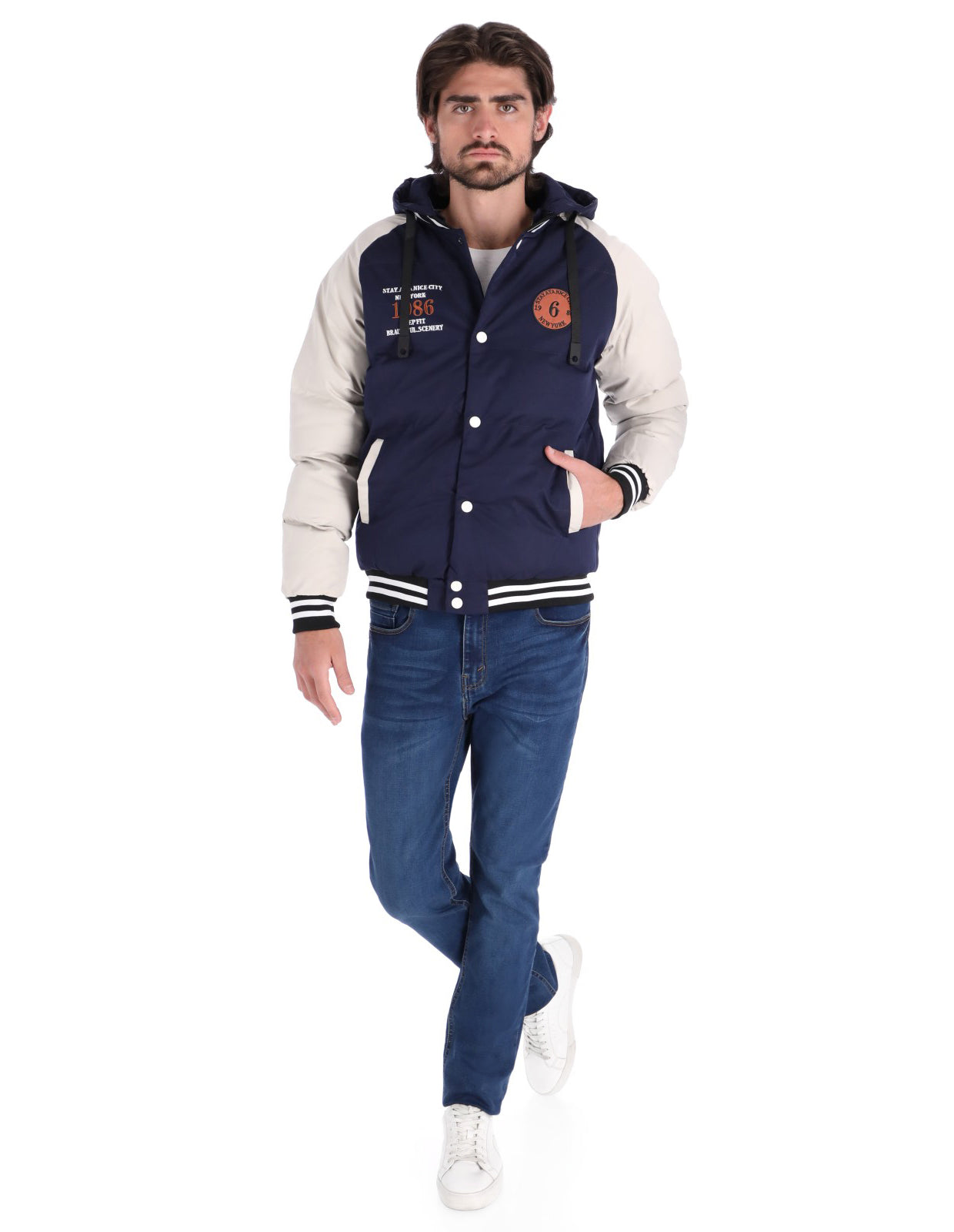 Chamarra Tipo Universitaria para Hombre con Cierre de Broches - Navy
