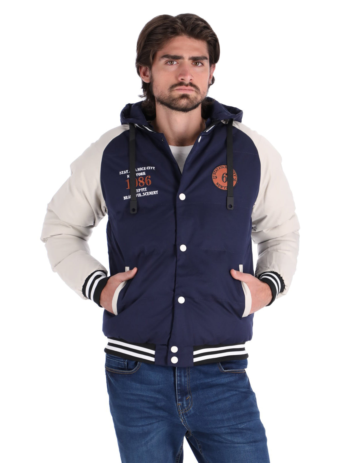Chamarra Tipo Universitaria para Hombre con Cierre de Broches - Navy