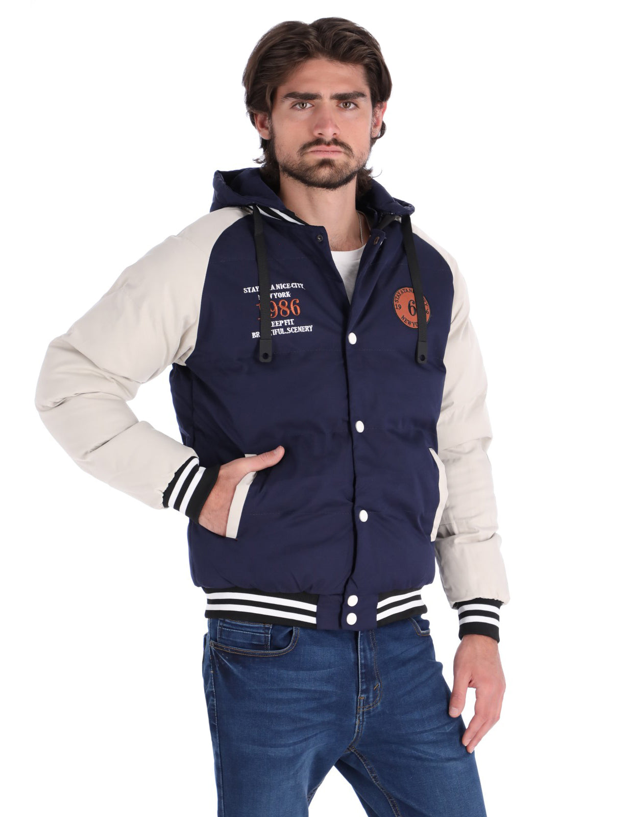 Chamarra Tipo Universitaria para Hombre con Cierre de Broches - Navy