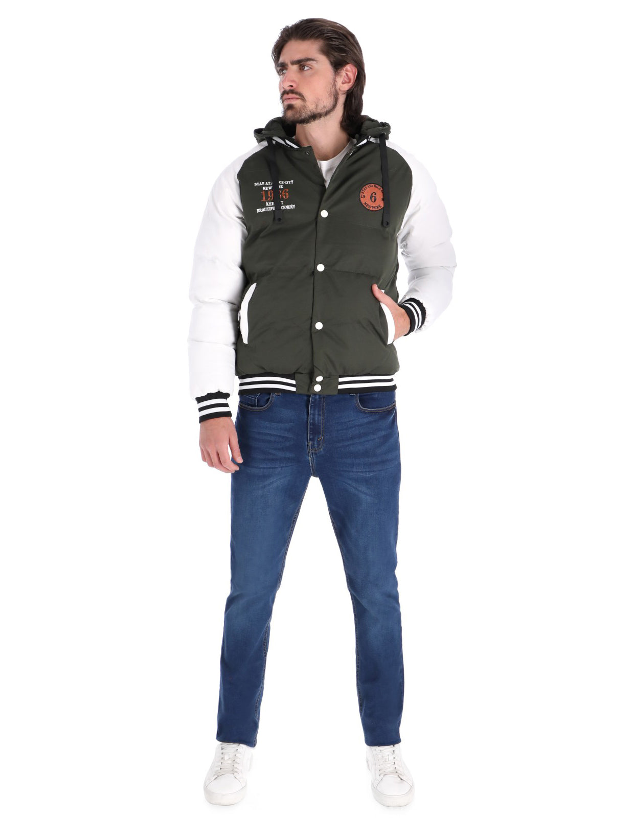 Chamarra Tipo Universitaria para Hombre con Cierre de Broches - Verde Olivo