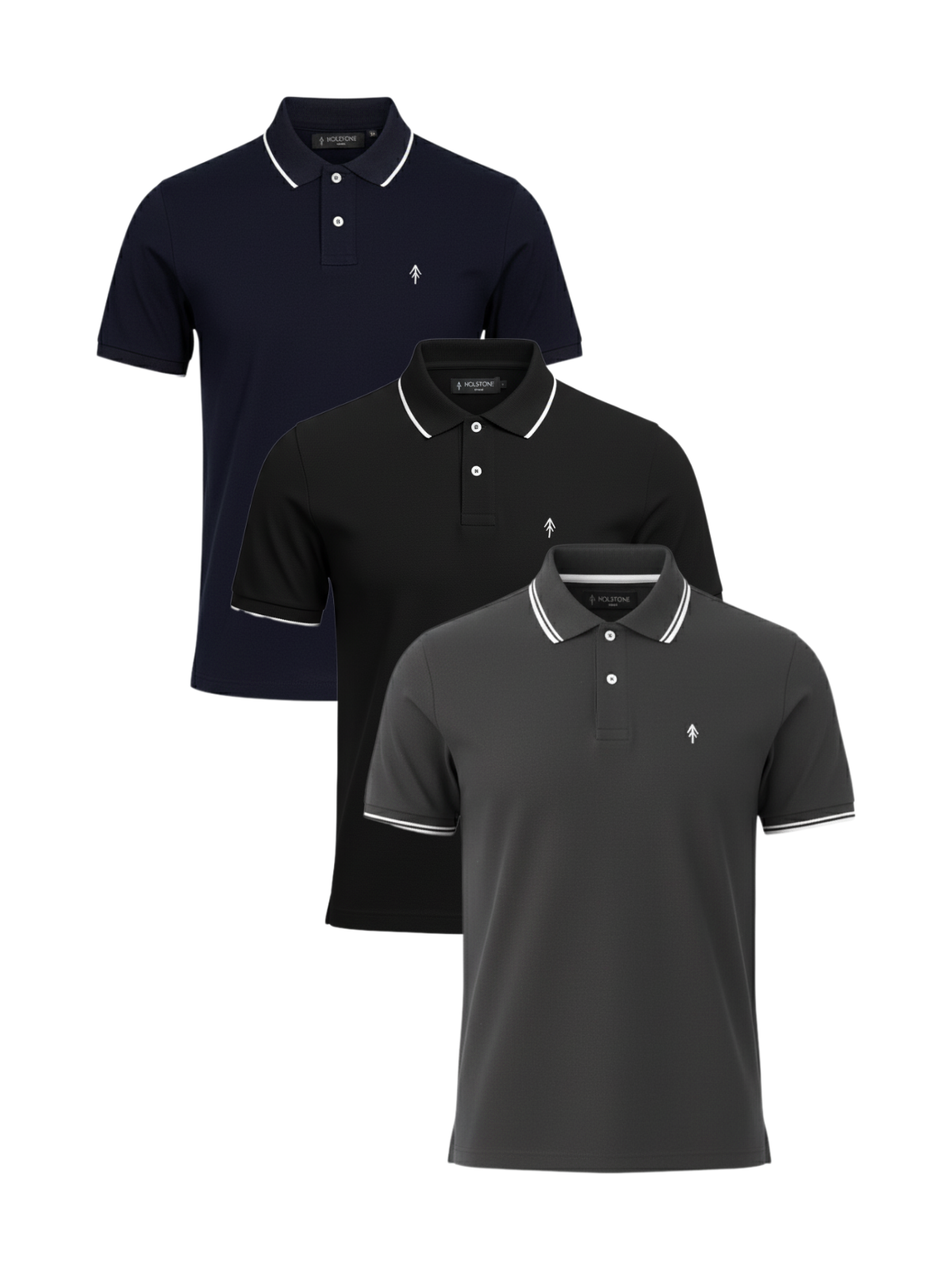 3 Pack Playeras Tipo Polo Holstone - (Marino - Negro - Gris Oxford)