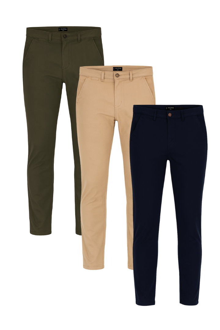 3 Pack de Pantalones Chino Holstone Para Hombre - (Caqui / Azul Marino / Verde Olivo)