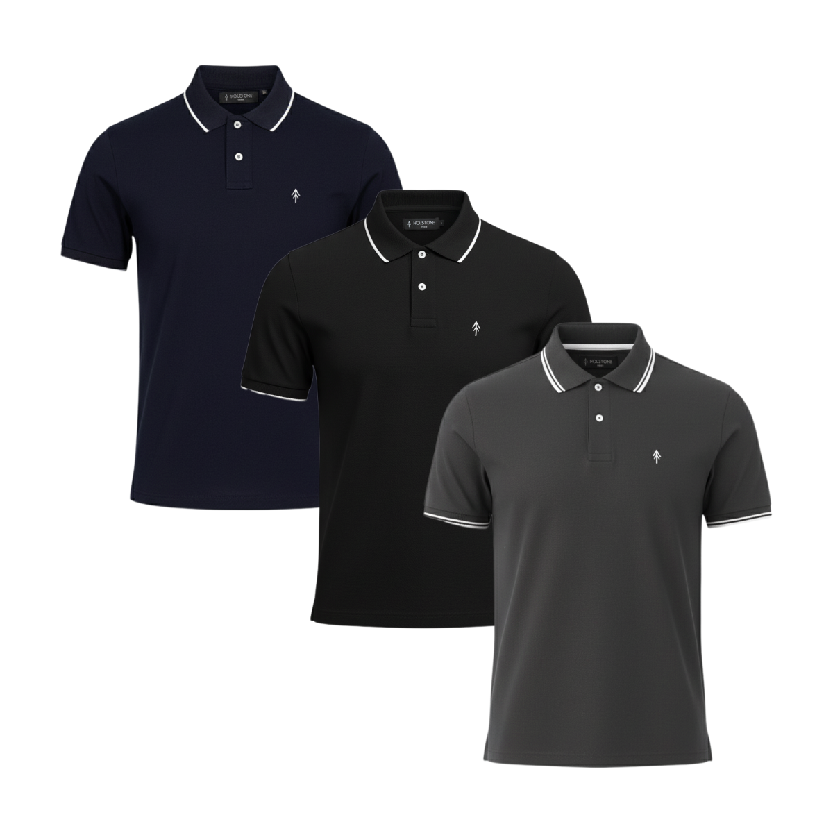 3 Pack Playeras Tipo Polo Holstone - (Marino - Negro - Gris Oxford)
