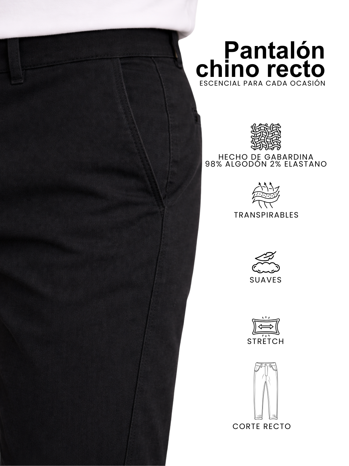 Pantalón Chino de Gabardina Recto - Negro
