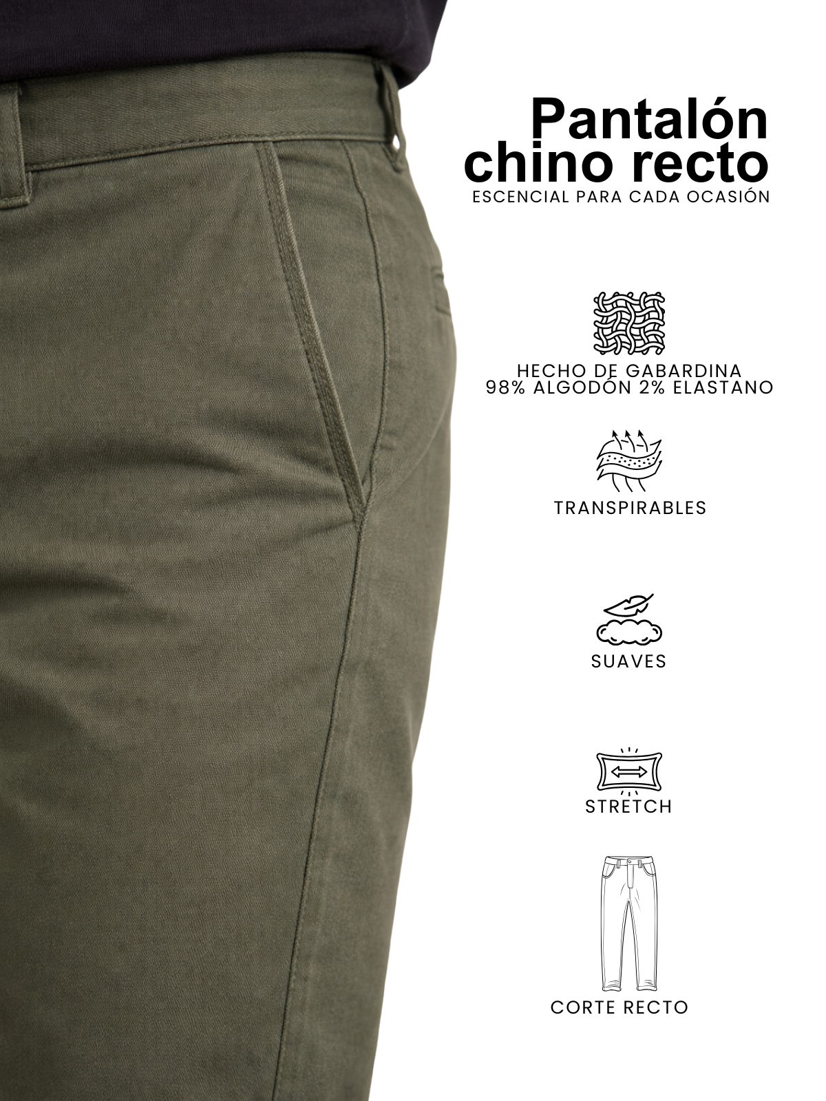Pantalón Chino de Gabardina Recto - Verde Olivo