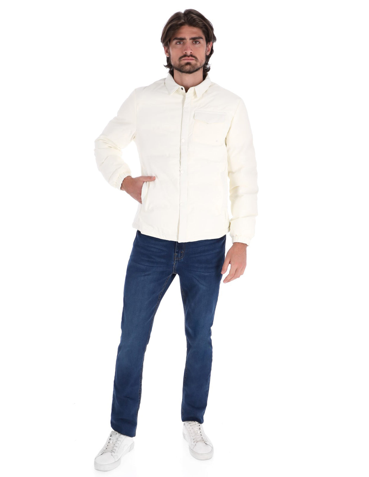 Chamarra Casual Acolchada para Hombre con Cierre de Botones - Blanco