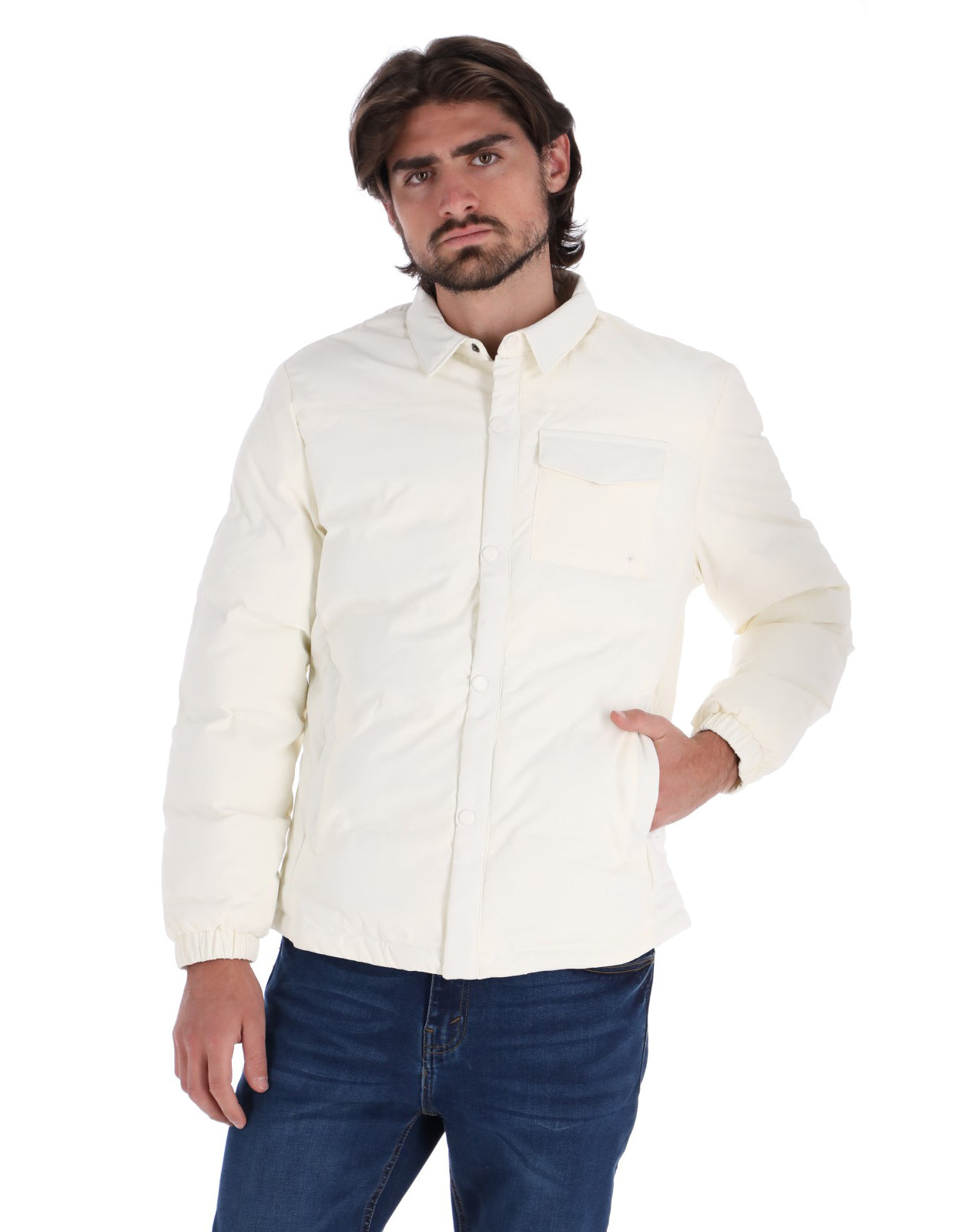 Chamarra Casual Acolchada para Hombre con Cierre de Botones - Blanco