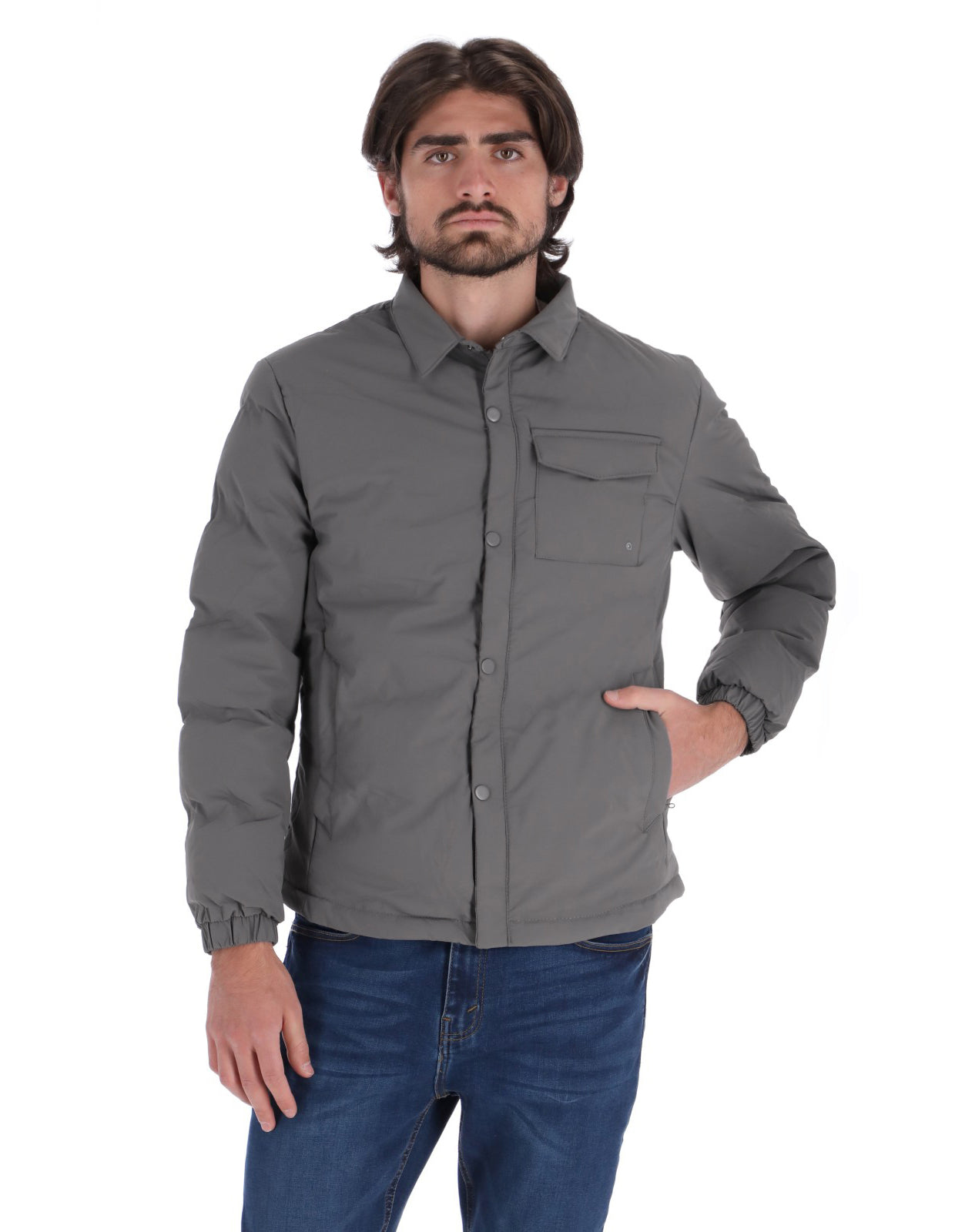 Chamarra Casual Acolchada para Hombre con Cierre de Botones - Gris