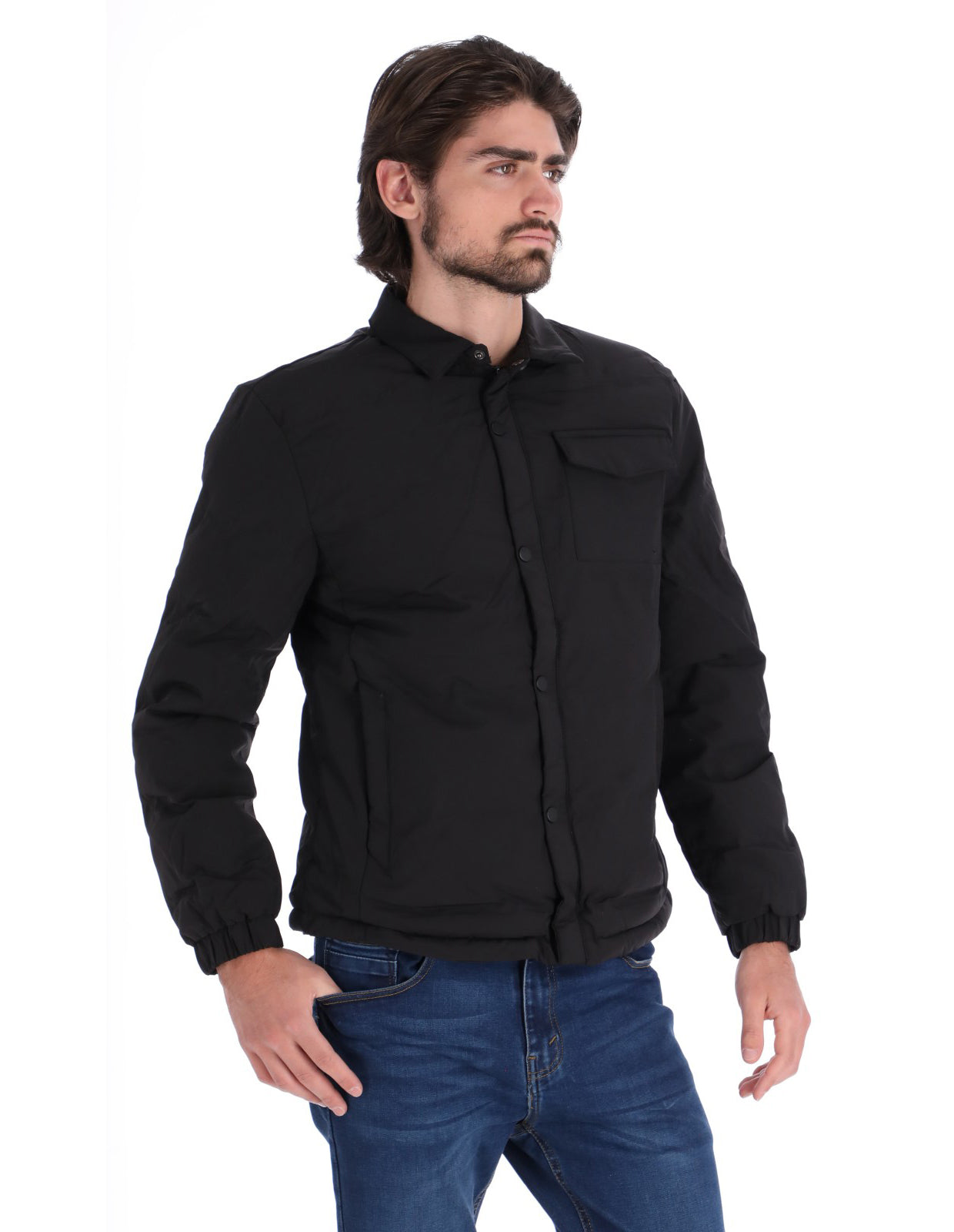 Chamarra Casual Acolchada para Hombre con Cierre de Botones - Negro